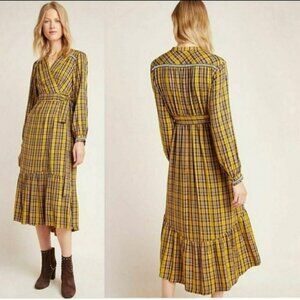 Anthropologie Dalton Wrap Dress Mustard Yellow Plaid Long Sleeve XL Womens Boho